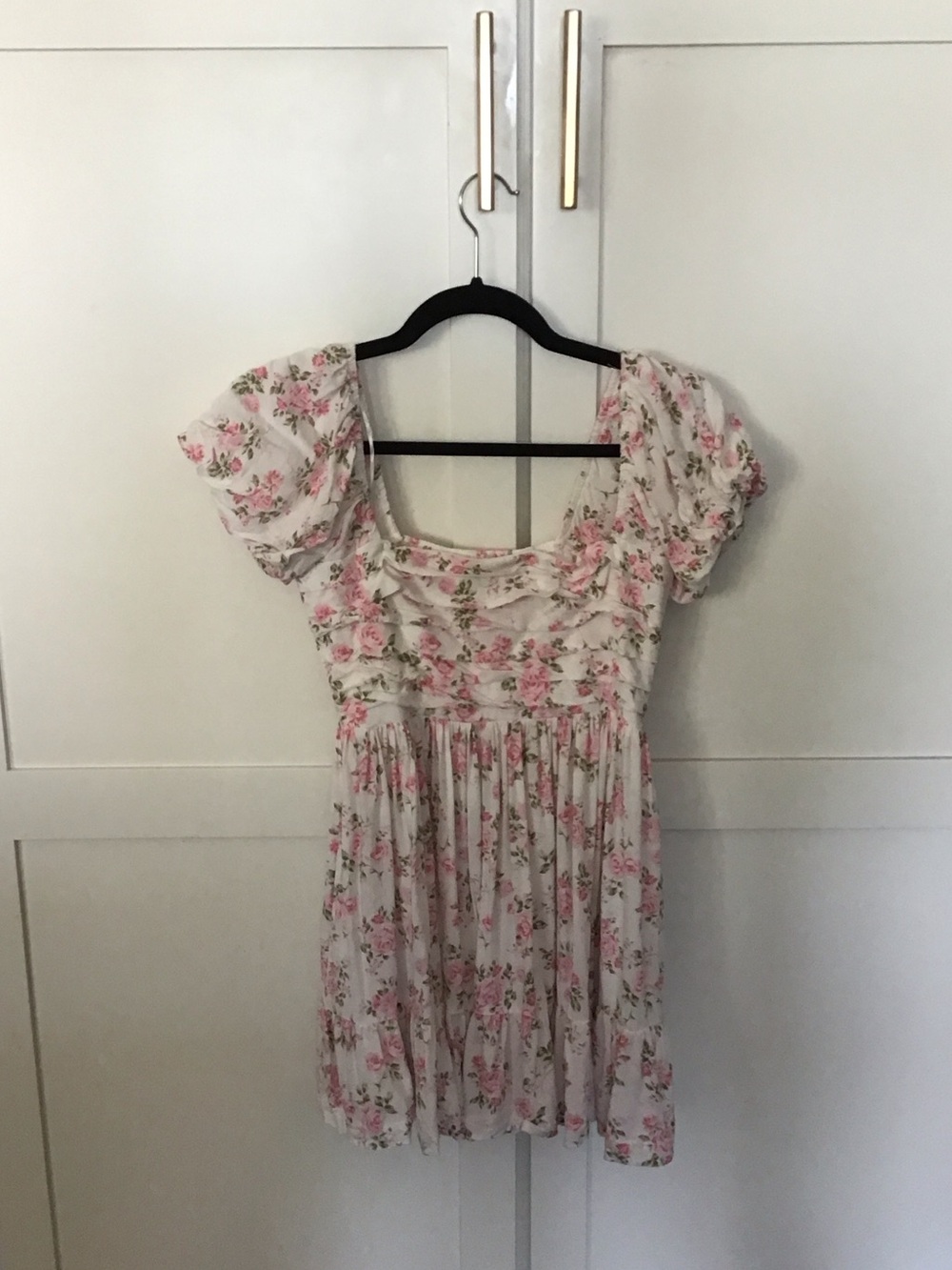 Altar'd State White Floral Mini Dress with Pink Roses